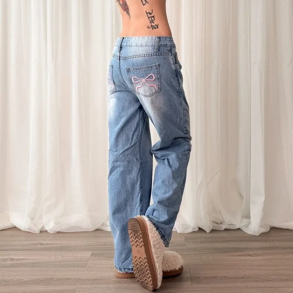 Low Rise Baggy Jeans Ribbon Bow Detail Wide Leg Jeans Telepatia Size 26 - Picture 6 of 7